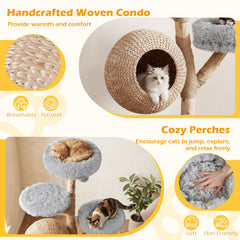 134CM 5-Tier Cat Tree with Woven Cat Condo and Hanging Balls-Grey