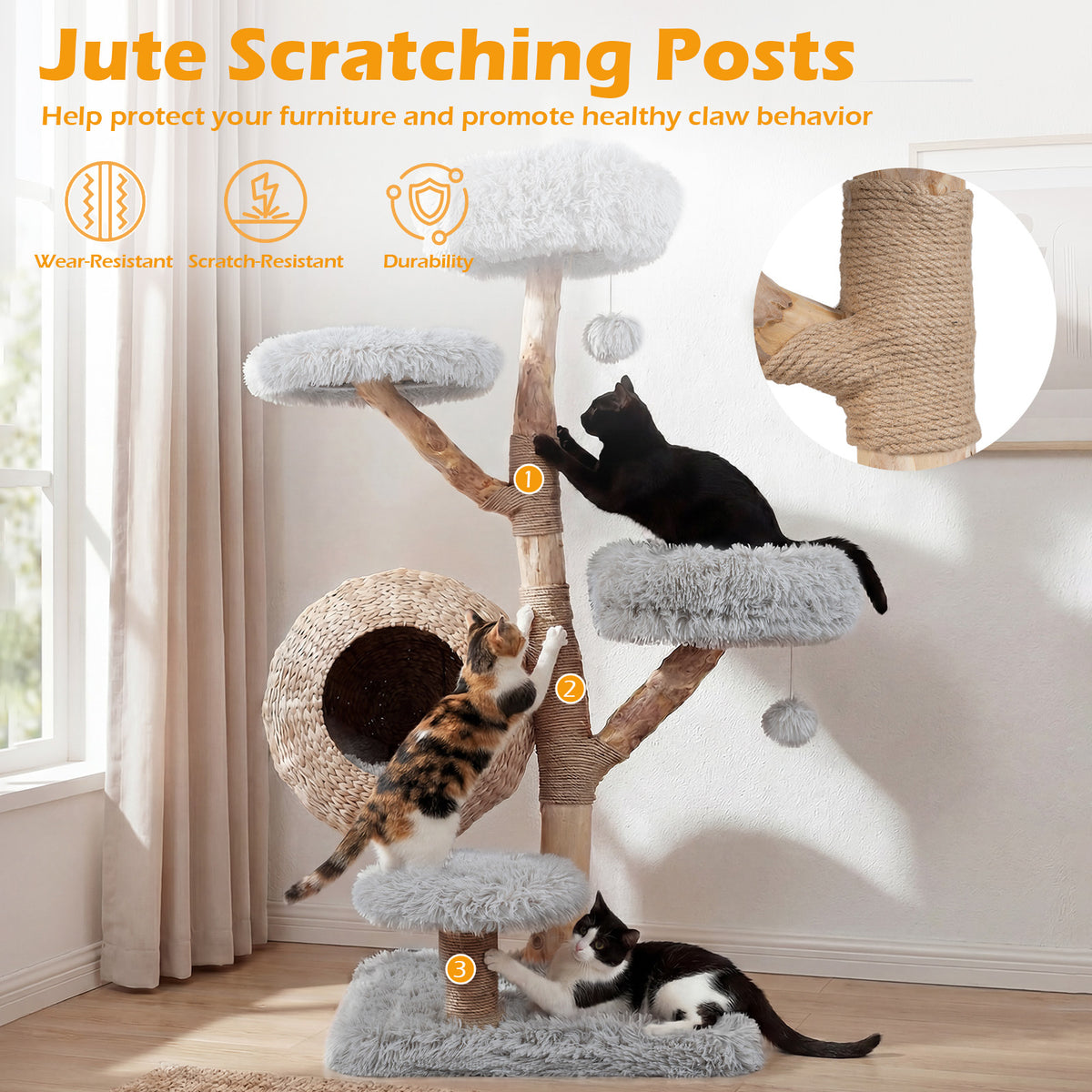 134CM 5-Tier Cat Tree with Woven Cat Condo and Hanging Balls-Grey