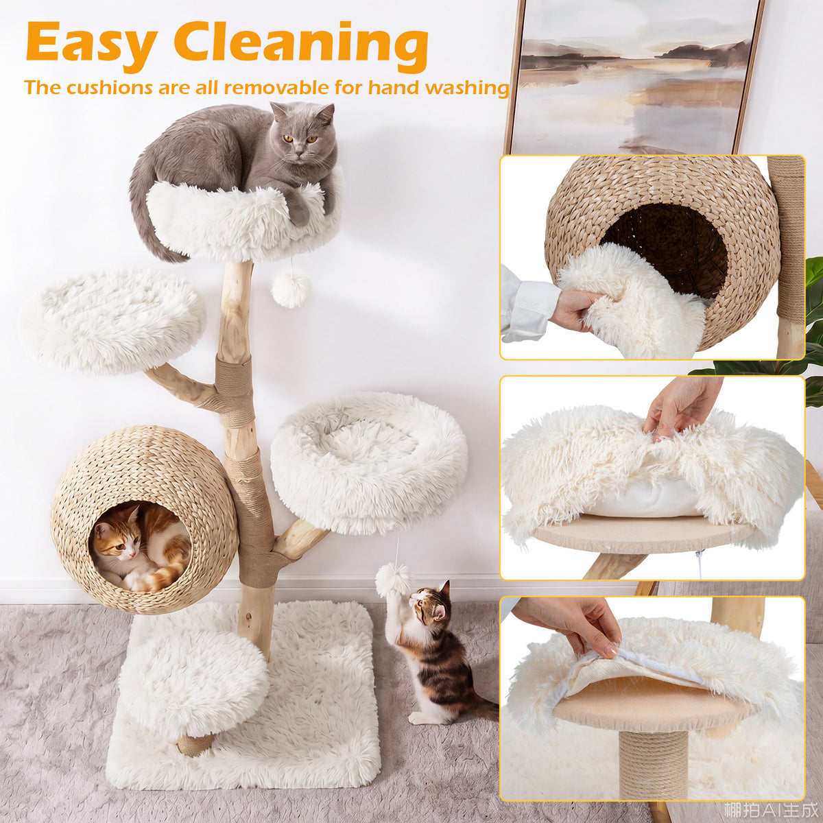 134CM 5-Tier Cat Tree with Woven Cat Condo and Hanging Balls-White