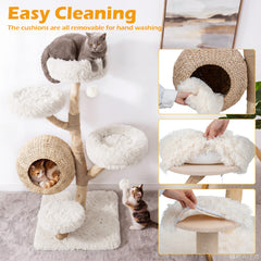 134CM 5-Tier Cat Tree with Woven Cat Condo and Hanging Balls-White