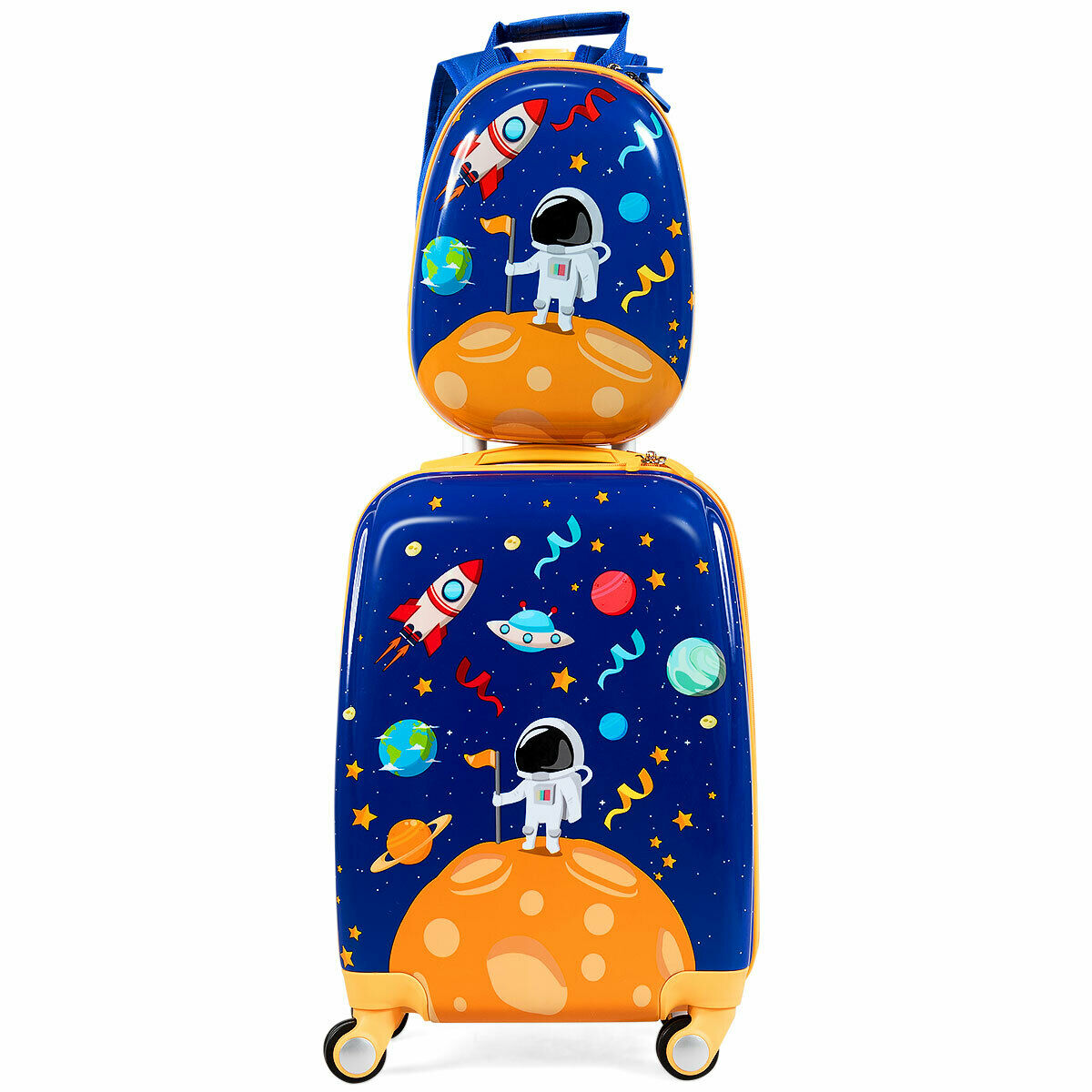 Navy blue kids backpack and suitcase with astronaut and rocket designs