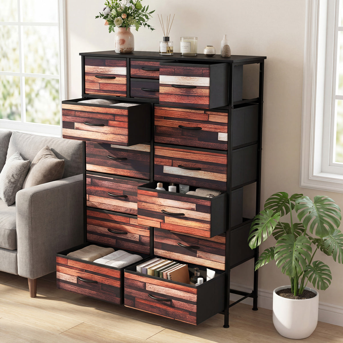 14-Drawer Dresser Tall Storage Chest with Metal Frame-Brown