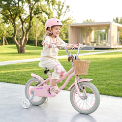 14 Inch Girls Bike with Woven Basket for 3-5 Years Cottage Series Sakura Pink