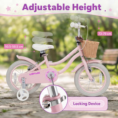 14 Inch Girls Bike with Woven Basket for 3-5 Years Cottage Series Sakura Pink