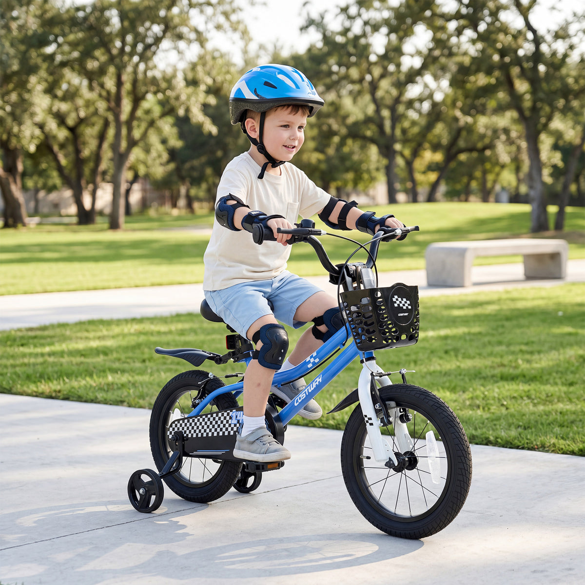 14 Inch Kids Bike with Dual Brakes for 3-5 Years Checkered Racing Series Blue