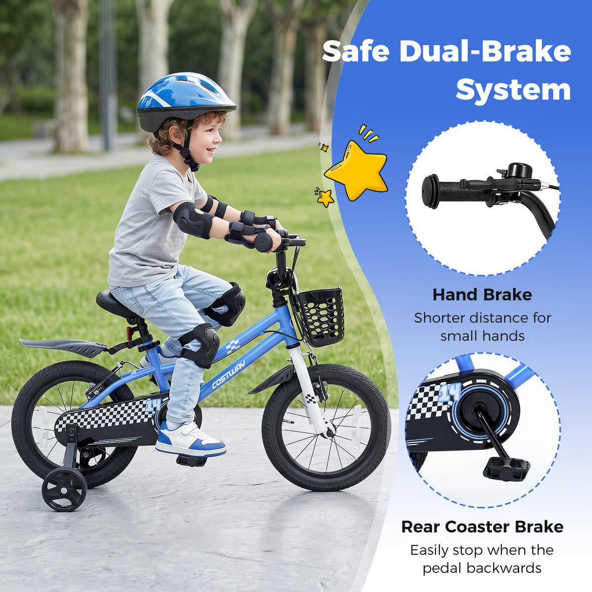 14 Inch Kids Bike with Dual Brakes for 3-5 Years Checkered Racing Series Blue