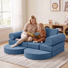 14-Piece Modular Kids Play Couch with Removable Cover-Blue
