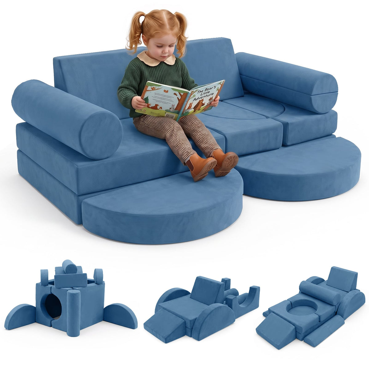 14-Piece Modular Kids Play Couch with Removable Cover-Blue