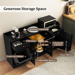 140 cm Buffet Cabinet with Tilt Out Trash Can and Glass Doors and Drawers for Kitchen-Black