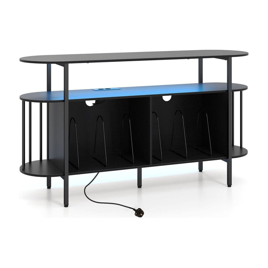 140 cm Record Player Stand with LED Lights & Power Outlets and 6 Dividers for Indoor-Black
