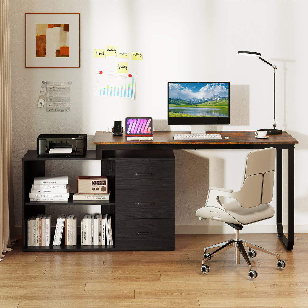 140 cm Reversible L Shaped Desk with 3 Drawers Home Office Desk-Brown