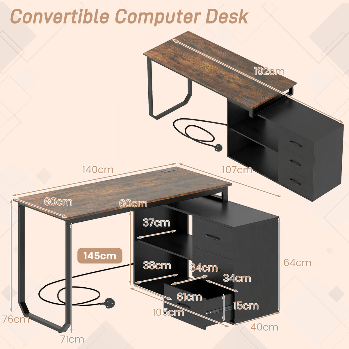 140 cm Reversible L Shaped Desk with 3 Drawers Home Office Desk-Brown