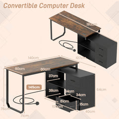 140 cm Reversible L Shaped Desk with 3 Drawers Home Office Desk-Brown