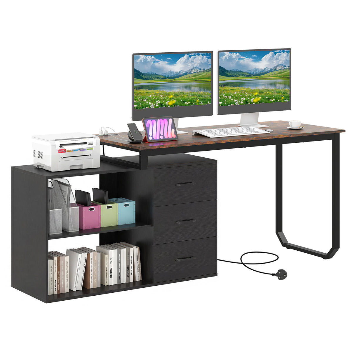 140 cm Reversible L Shaped Desk with 3 Drawers Home Office Desk-Brown