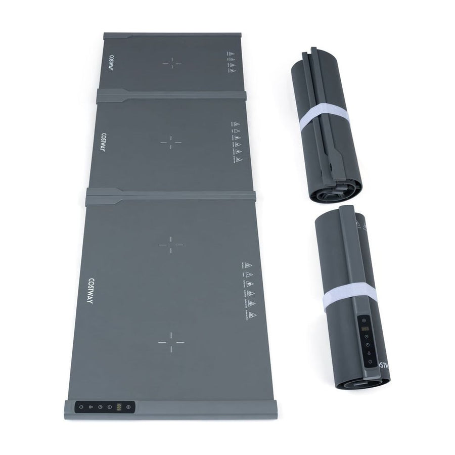 Expandable Food Warming Mat laid flat and rolled up next to each other