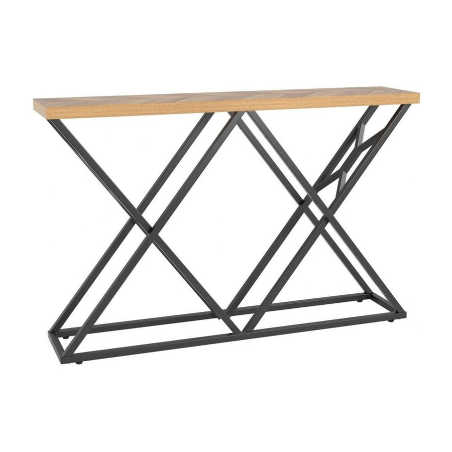140CM Farmhouse Entryway Table with Geometric Metal Base-Wood, a long wooden top on a black geometric metal base