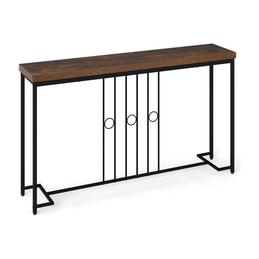 140CM Narrow Entryway Table with rustic brown tabletop and black metal H-shaped base