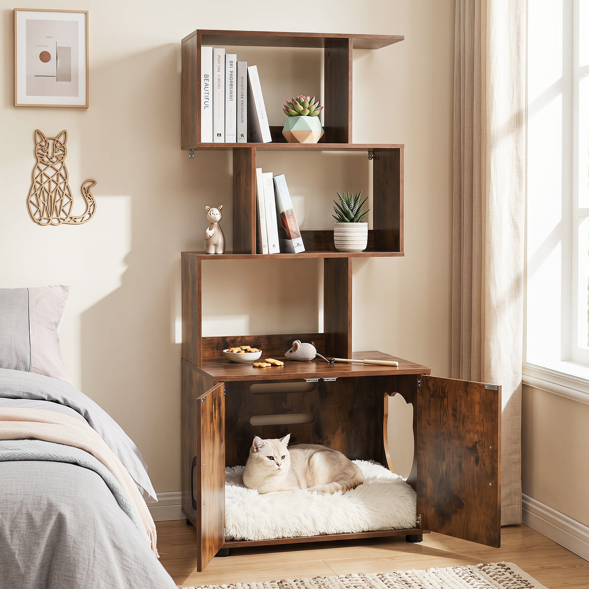141 CM Tall Cat Litter Box Enclosure with 3 Open Shelves & Side Entry for Indoor-Rustic Brown