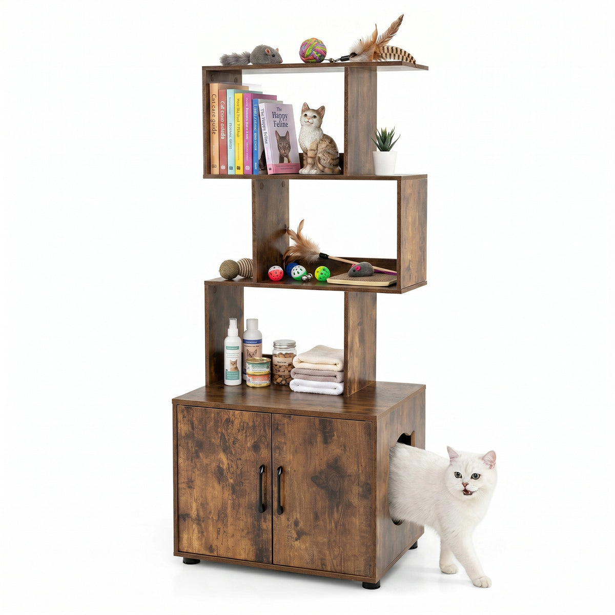 141 CM Tall Cat Litter Box Enclosure with 3 Open Shelves & Side Entry for Indoor-Rustic Brown