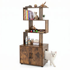 141 CM Tall Cat Litter Box Enclosure with 3 Open Shelves & Side Entry for Indoor-Rustic Brown