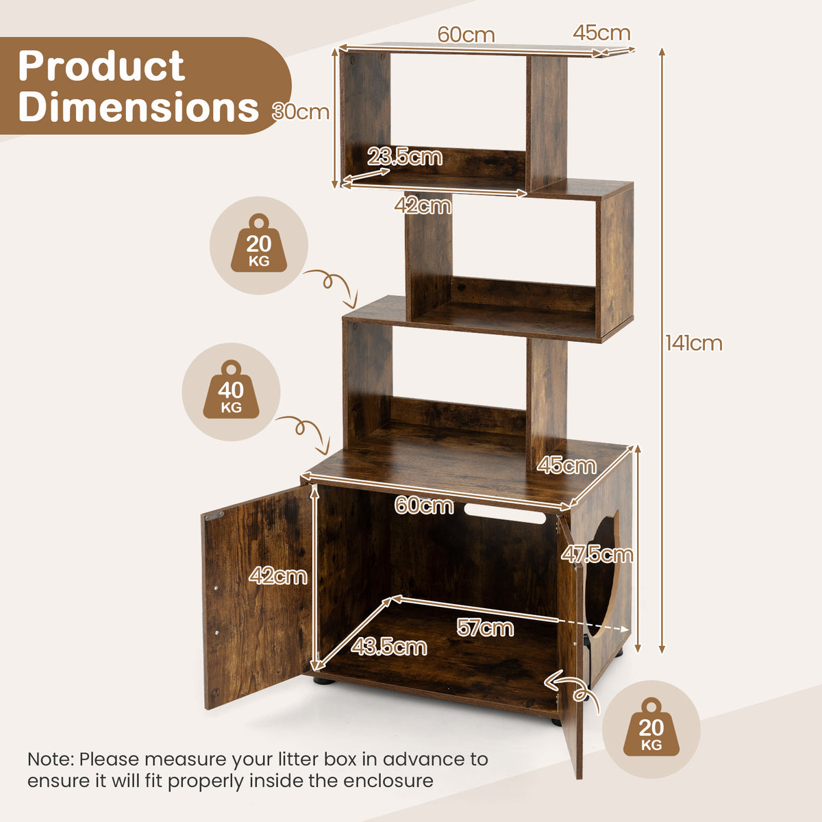 141 CM Tall Cat Litter Box Enclosure with 3 Open Shelves & Side Entry for Indoor-Rustic Brown