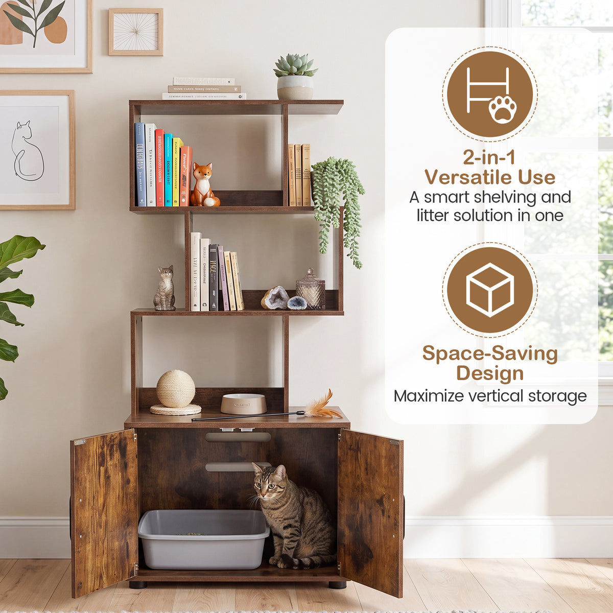 141 CM Tall Cat Litter Box Enclosure with 3 Open Shelves & Side Entry for Indoor-Rustic Brown