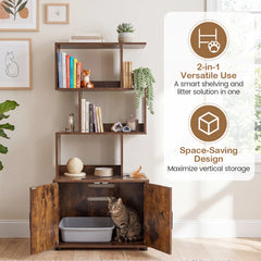 141 CM Tall Cat Litter Box Enclosure with 3 Open Shelves & Side Entry for Indoor-Rustic Brown