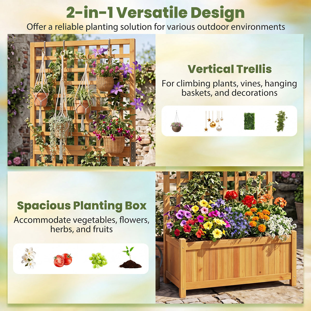 143 cm Wooden Raised Garden Bed with Trellis and Drainage Holes for Climbing Plants-Orange