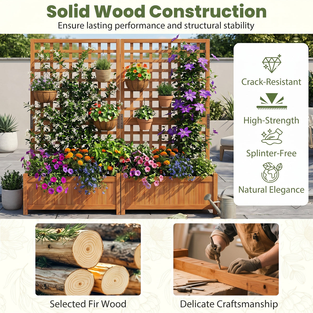 143 cm Wooden Raised Garden Bed with Trellis and Drainage Holes for Climbing Plants-Orange