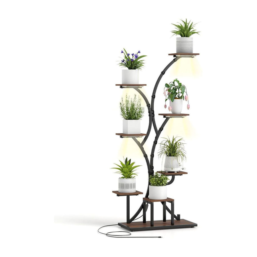 146CM Tall 8-Tier Corner Metal Plant Shelf with walnut effect shelves and integrated grow lights