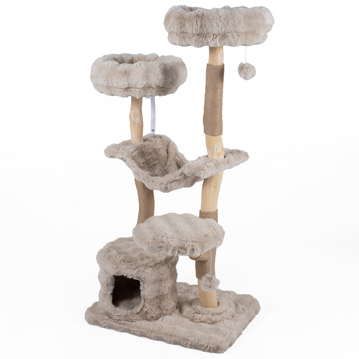 147cm Cat Tree Tower with Cat Cave with Sisal Scratching Poles and 2 Plush Play Balls for Indoor Cats-Beige
