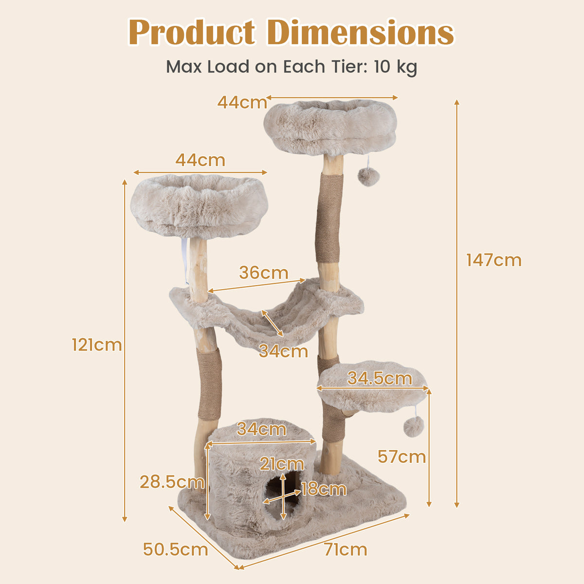147cm Cat Tree Tower with Cat Cave with Sisal Scratching Poles and 2 Plush Play Balls for Indoor Cats-Beige