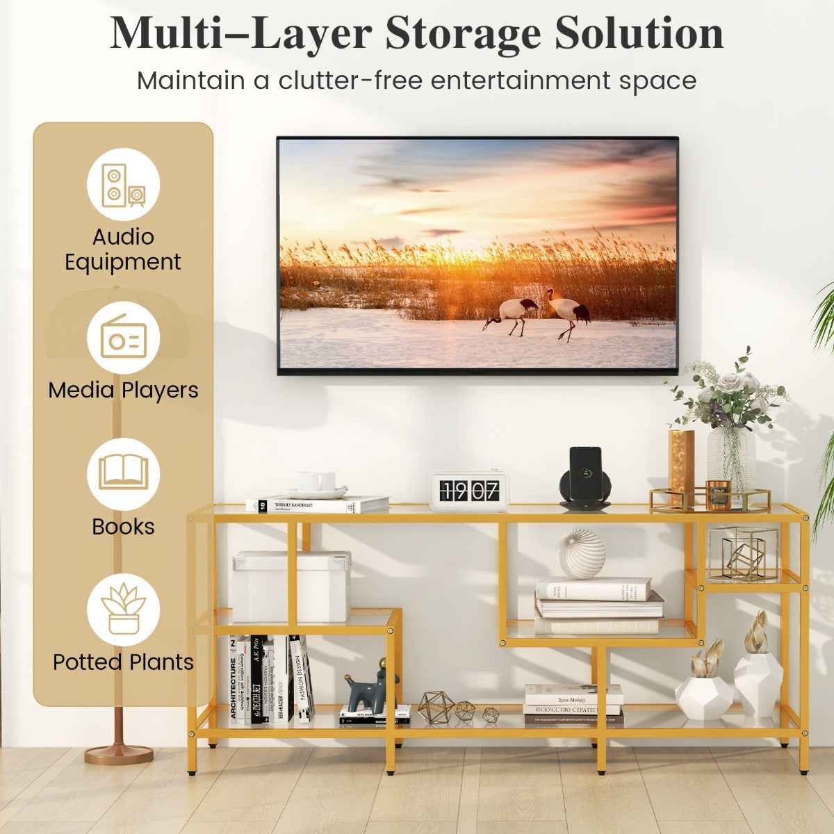 147cm TV Console Table with Tempered Glass Shelves-Golden