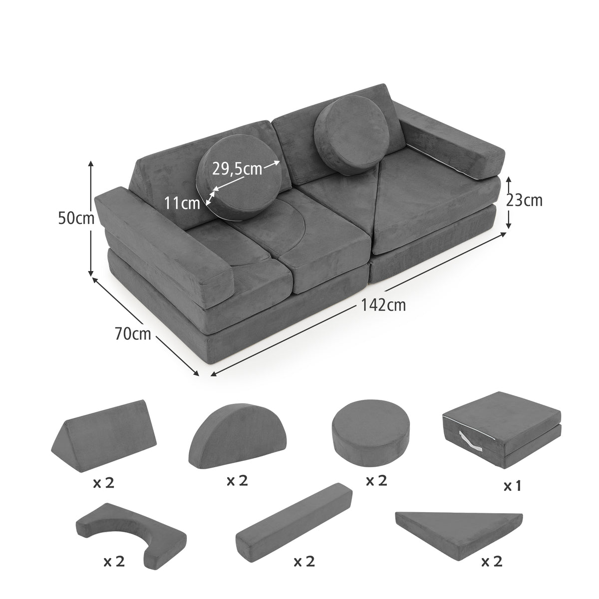 14 PCS Modular Kids Play Couch Child Sectional Sofa Building Blocks Playset-Grey