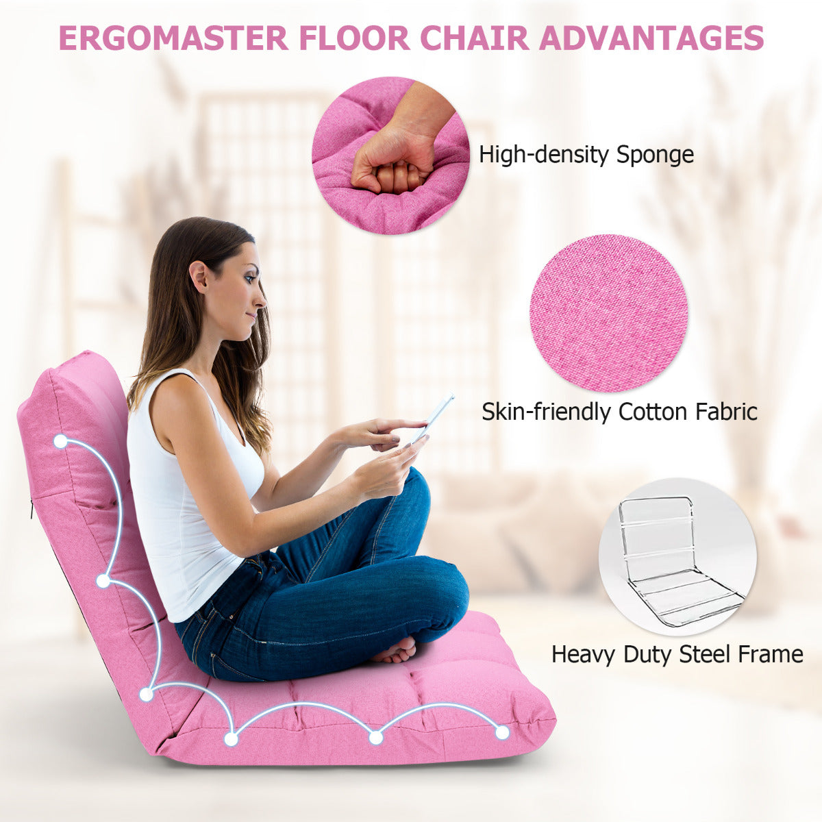14-Position Adjustable Floor Chair with High Resilience Sponge-Pink