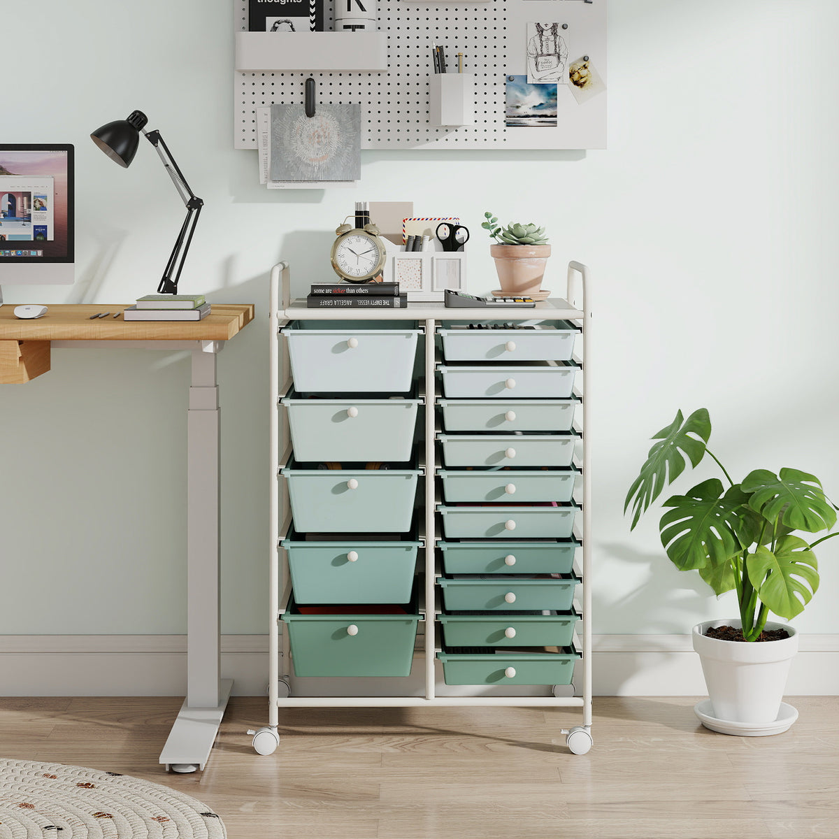 15 Drawer Rolling Storage Cart with 4 Wheels for Beauty Salon-Green