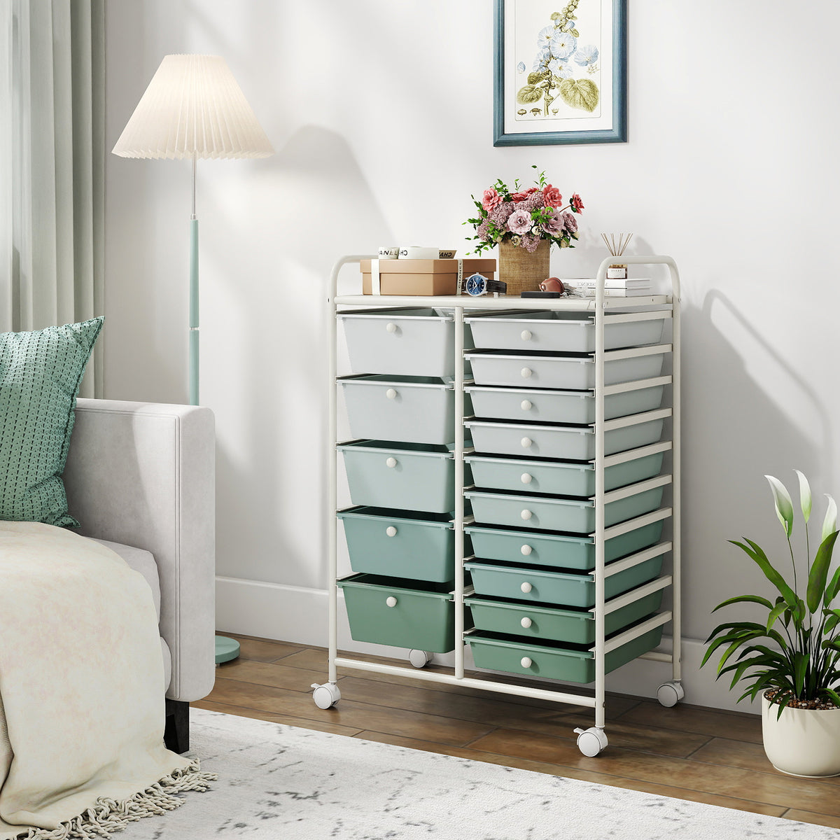 15 Drawer Rolling Storage Cart with 4 Wheels for Beauty Salon-Green
