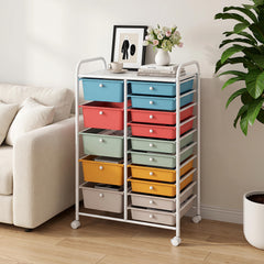15 Drawer Rolling Storage Cart with Metal Frame and Lockable Wheels for Art Crafts-Rainbow