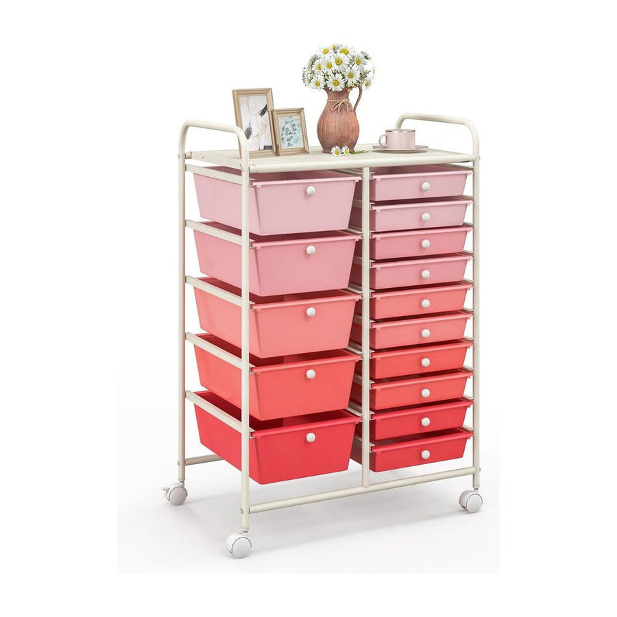 15 Drawer Rolling Storage Cart with 4 Wheels for Beauty Salon-Pink