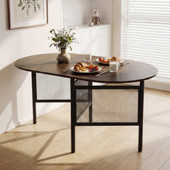 The dining table with breakfast settings on a light wood floor in a modern kitchen area