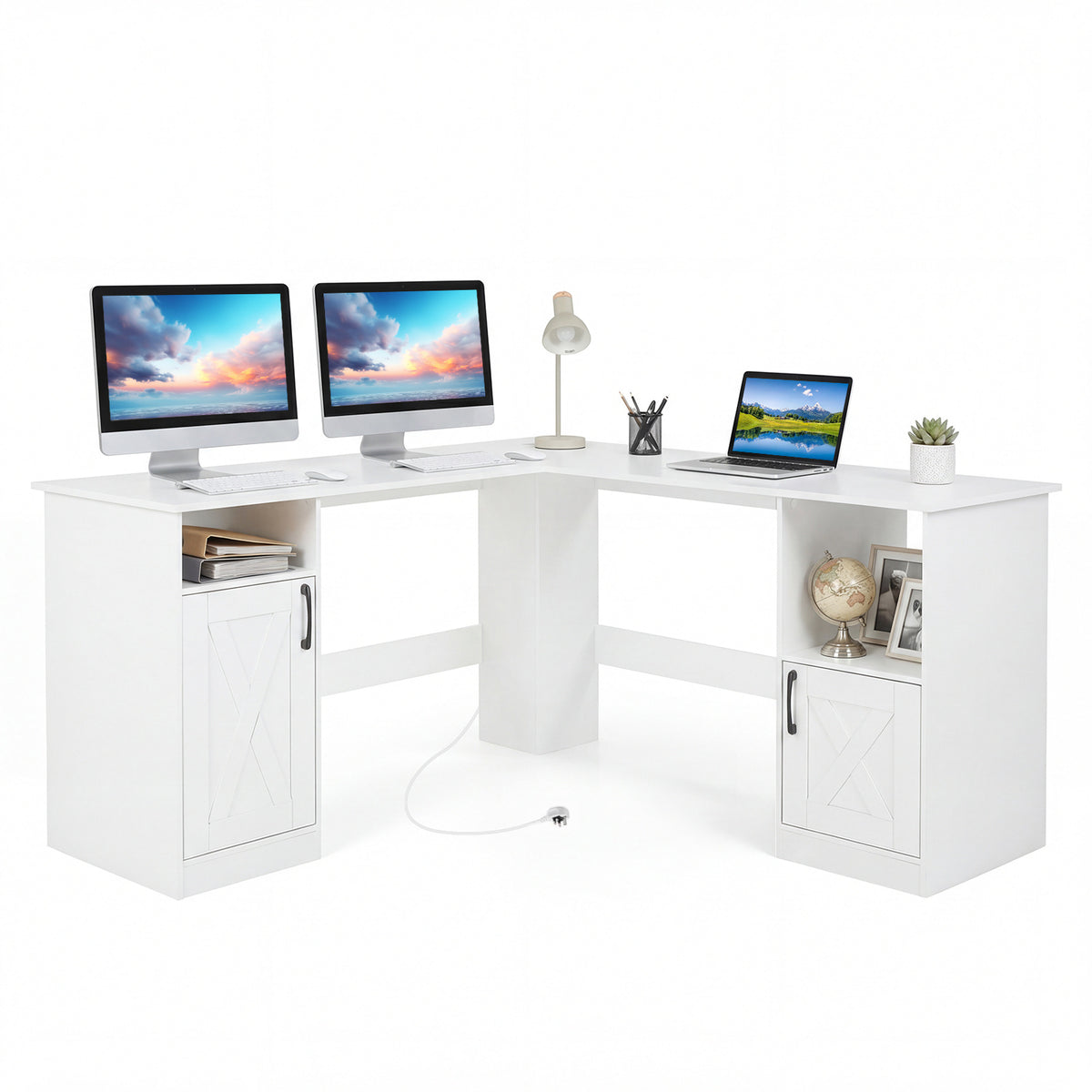 150 CM L Shaped Executive Desk with Charging Station-White