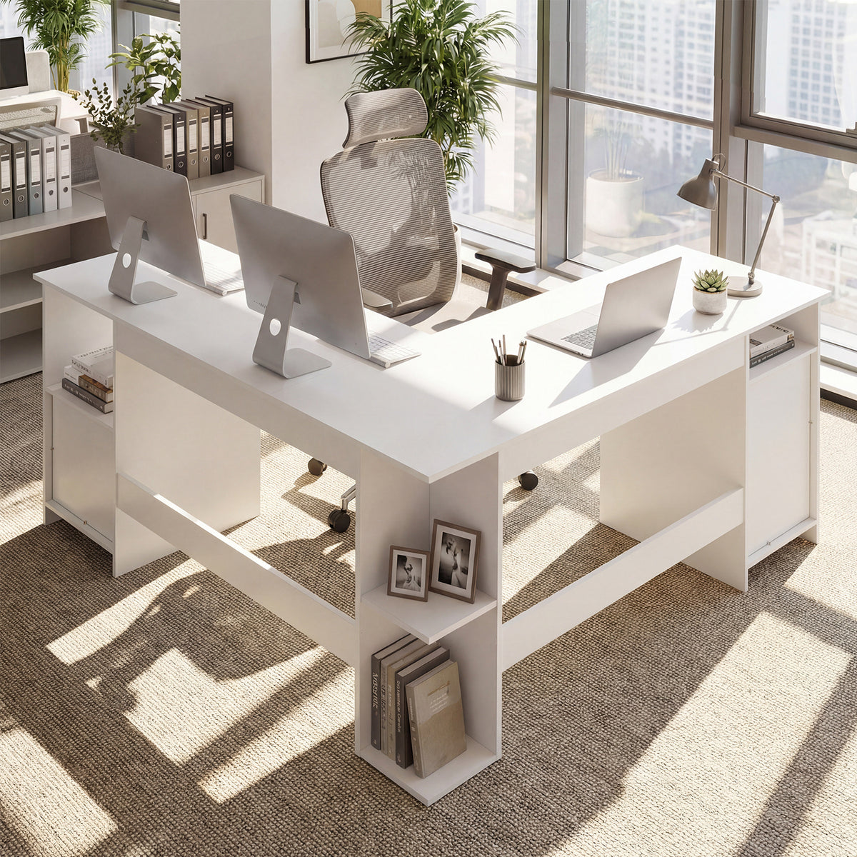150 CM L Shaped Executive Desk with Charging Station-White