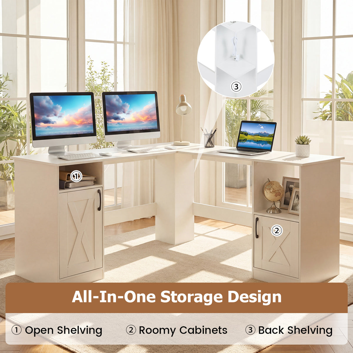 150 CM L Shaped Executive Desk with Charging Station-White