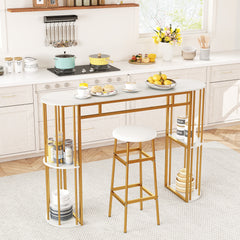 150 CM Long Bar Table with Faux Marble Tabletop & Storage Shelves for Kitchen & Dining-Golden and White