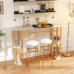 150 CM Long Bar Table with Faux Marble Tabletop & Storage Shelves for Kitchen & Dining-Golden and White