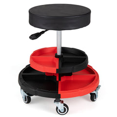 Red and black rolling mechanic stool with two tool trays