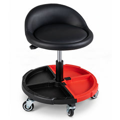 Red rolling mechanic stool with a black seat and backrest, showing the storage tray