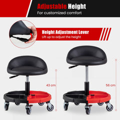 Two red rolling mechanic stools shown at different heights