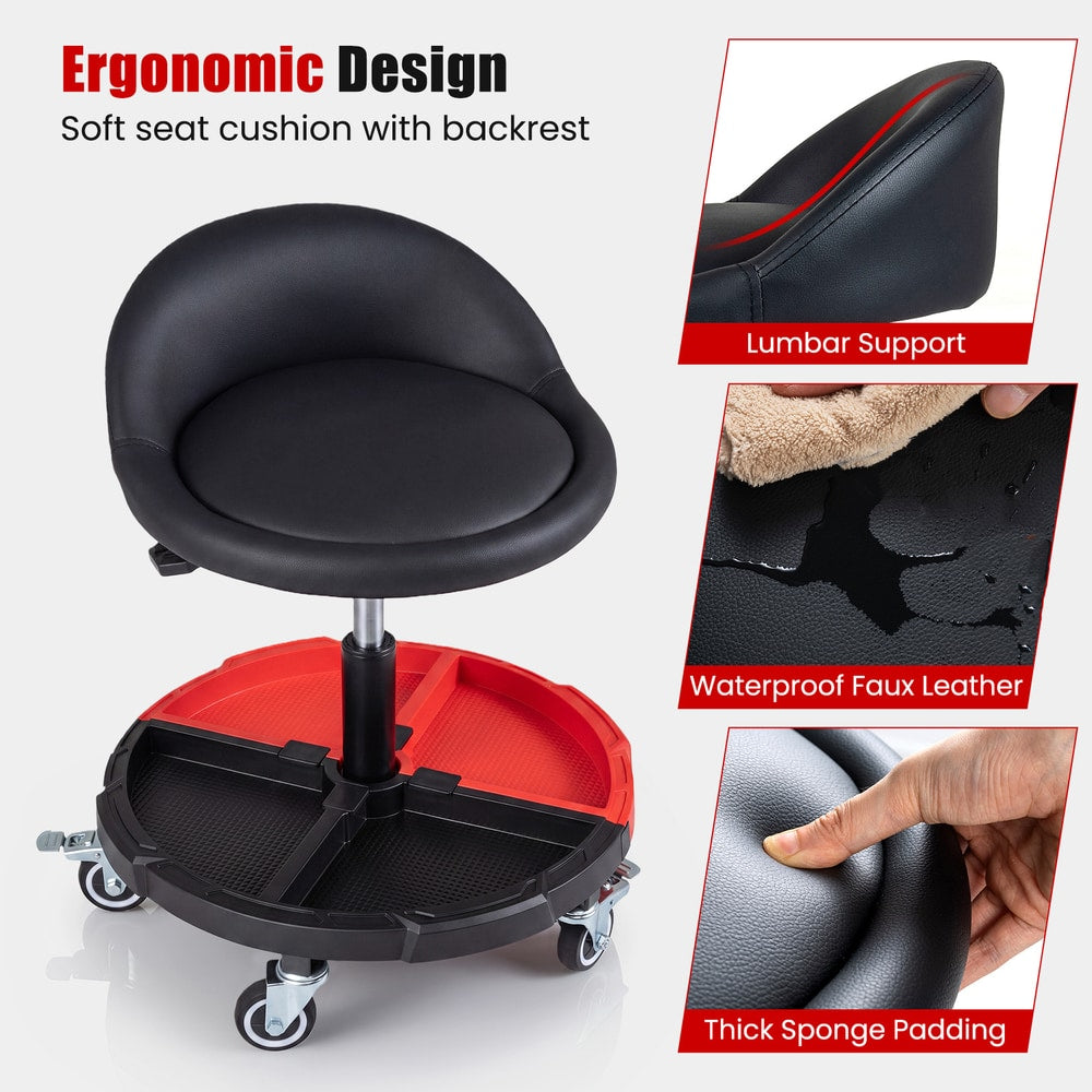 Close up of the padded seat and backrest of the red rolling mechanic stool