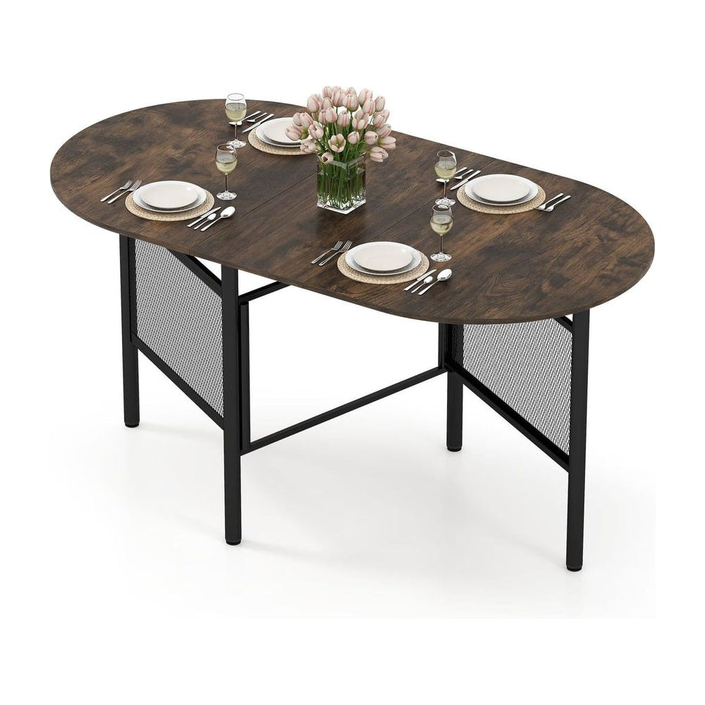 150 CM Folding Dining Table set for six people with plates and glasses on a brown wood effect surface